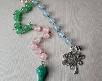 Ostara prayer beads, pagan prayer beads, witches prayer beads, stainless steel, Malay jade, green gemstone pendulum, tree charm pine cone
