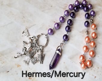 Hermes prayer beads, Greek God prayer beads, hand-wired, beautiful beads, silver-toned charms, Greek, pagan