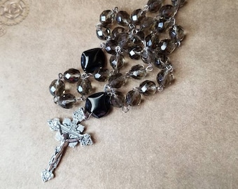 Orthodox prayer beads, Orthodox Chotki, smoky color  faceted acrylic beads, detailed crucifix, silver toned, Orthodox Chotki, Komboskini