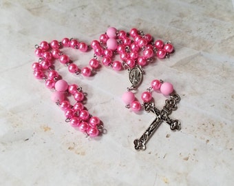 Catholic Dominican rosary, five decade rosary, rosary, stainless steel, pink glass pearls, rubberized glass, Sacred Heart center, hand-wired