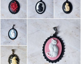 Cameo pendant, cameo cat cameo pendant, Valentine gift idea, black cat cameo, pink cat cameo, red rose cameo pendant, witch cameo pendant