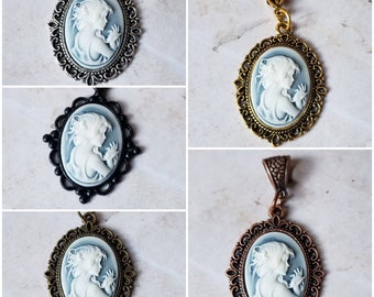 Girl with pearls cameo, Wedgewood blue and white cameo pendant, Victorian cameo necklace, Wedgewood blue cameo jewelry, Victorian woman