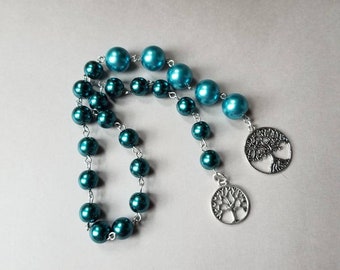 Baha'i prayer beads, 19 and 5 prayer beads, hand-wired, stainless steel, teal blue glass pearls, two silver-toned tree of life charms, ooak