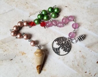 Yule prayer beads, pagan prayer beads, witch prayer beads, stainless pins, Sabbat prayer beads, Picture Jasper pendulum point, tree of life