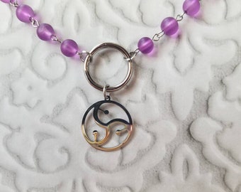 O ring day collar, discreet day collar, symbolic jewelry, BDSM collar, submissive collar, stainless, purple sea glass, BDSM symbol charm