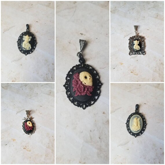 Cameo pendant, cameo necklace, faerie cameo pendant, fae cameo pendant, skull and roses cameo, great gift idea, Gothic valentine gift