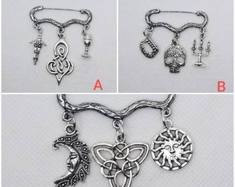 Goth brooch pin, Pagan jewelry,   three charm pin, Spooky jewelry,  Goddess pin, Raven skull pin, cosplay jewelry, Goth jewelry, silver pin