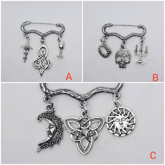 Goth brooch pin, Pagan jewelry, three charm pin, Spooky jewelry, Goddess pin, Raven skull pin, cosplay jewelry, Goth jewelry, silver pin