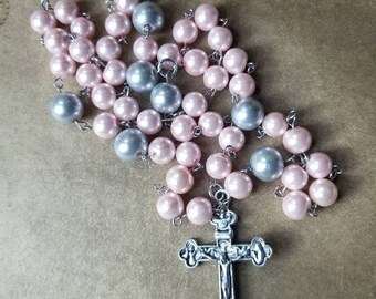 Lutheran rosary, prayer beads, silver-toned, pink and silver gray glass pearls, budded crucifix, large beads, hand-wired, OOAK, religious