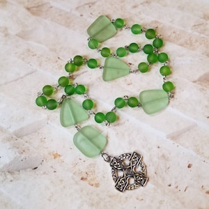 Anglican prayer beads, Episcopal, Protestant prayer beads, Methodist rosary, stainless steel, green sea glass, recycled glass, Celtic cross