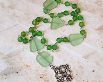 Anglican prayer beads, Episcopal, Protestant prayer beads, Methodist rosary, stainless steel, green sea glass, recycled glass, Celtic cross