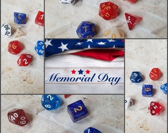 Sets of 7 Memorial Day 16mm dnd dice, polyhedral gaming dice, DnD dice set, D and D dice, gaming dice, curated sets,