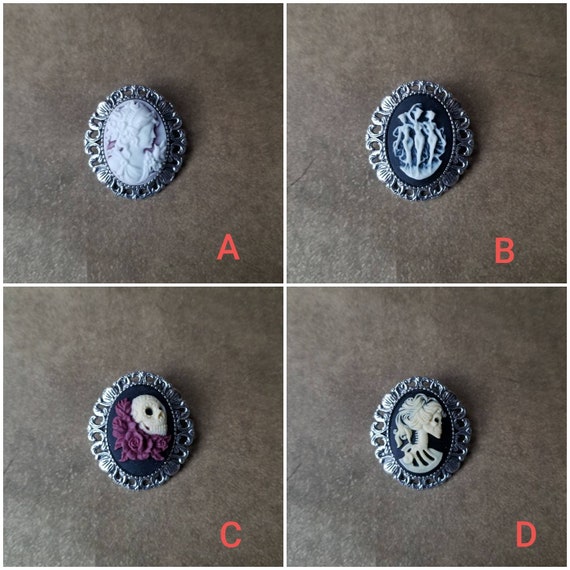 Cameo brooch or pendant, Three Graces cameo, skull and roses cameo, Lolita skeleton cameo, beautiful lady cameo, silver-toned bezel