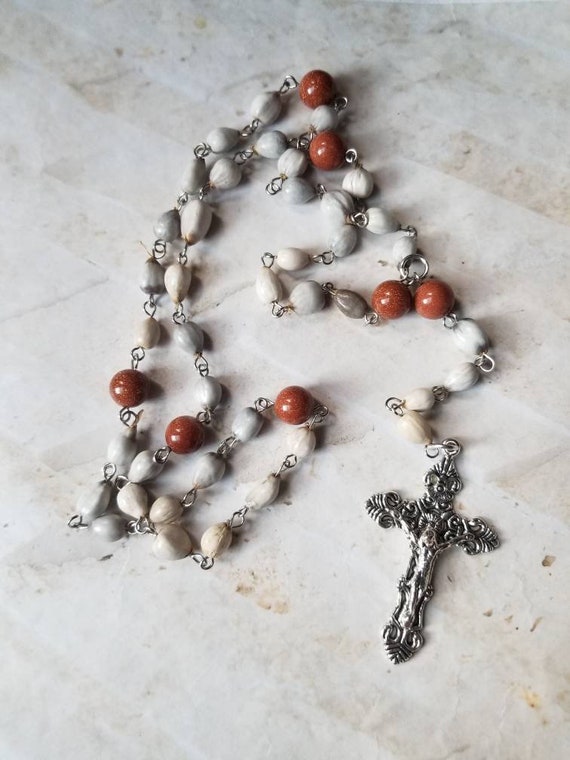 Lutheran prayer beads, Lutheran rosary, hand-wired, stainless steel, Job's Tears beads, Goldstone beads, detailed crucifix, religious, OOAK