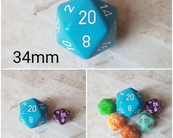 Blue and white 34mm Jumbo d20, dnd dice, oversized d20, jumbo sized d20, dnd d20, dnd dice, ttrpg dice, 34mm jumbo dnd d20
