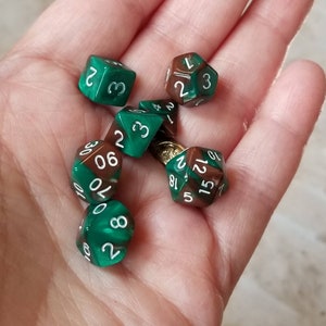 Green and brown 10mm Mini Dnd dice, polyhedral gaming dice, DnD dice set, RPG dice, D and D dice, set of 7 DnD dice, 10mm dice,