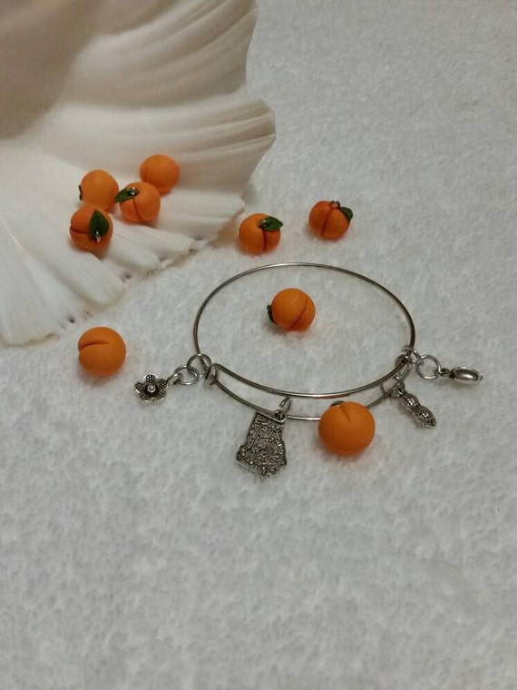 Peach bracelet, silver metal bangle, expandable bangle, charm bracelet, charm bangle, Georgia bracelet, silver metal bangle, Georgia jewelry