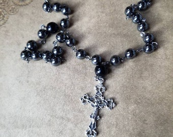 Orthodox Chotki, prayer beads, gunmetal tone, Hematite beads, black glass pearls, filigree design crucifix, hand-wired, Komboskini