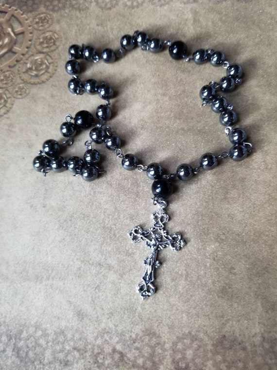 Orthodox Chotki, prayer beads, gunmetal tone, Hematite beads, black glass pearls, filigree design crucifix, hand-wired, Komboskini