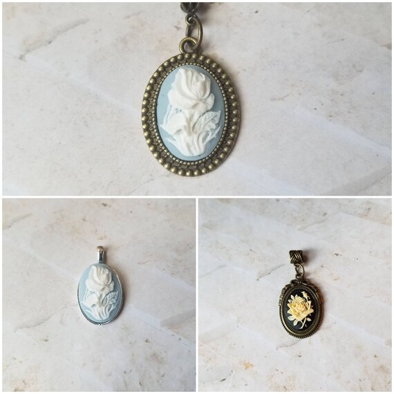 Rose cameo pendant, rose cameo necklace, white rose cameo, Goth cameo necklace, blue rose cameo pendant, floral cameo pendant, cameo jewelry
