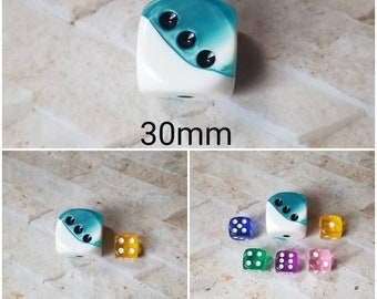 30mm Chessex Gemini Teal and White with black pips, Chessex 30mm die, Gemini teal and white, mega titan d6, dnd dice, extra d6 dice,