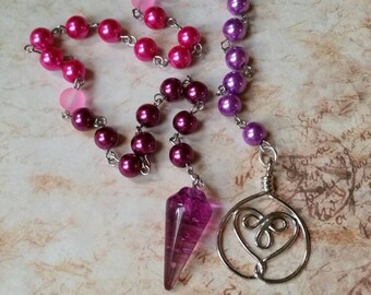 Day of the Dead prayer beads, Dia de Los Muertos prayer beads, pagan prayer beads, stainless, pink and purple, Celtic heart charm