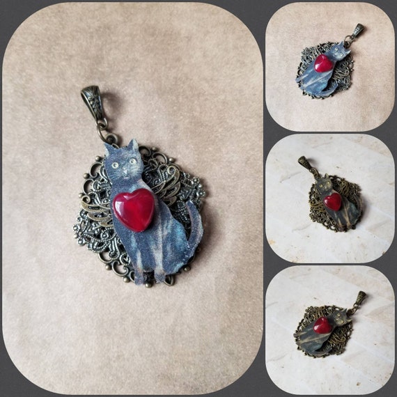 Black cat pendant, cat pendant, cat necklace, heart necklace, Goth jewelry, black cat jewelry, Witches familiar pendant, winged cat pendant