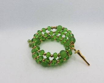 Five decade rosary bracelet, memory wire bracelet, wrap bracelet,  green faceted glass beads,  religious bracelet, gold crucifix