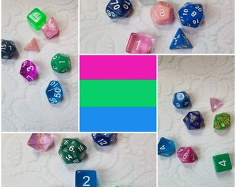 Polysexual flag 16mm dnd dice, hand chosen, curated set of polyhedral gaming dice, DnD dice set, RPG dice, LGBTQ dice