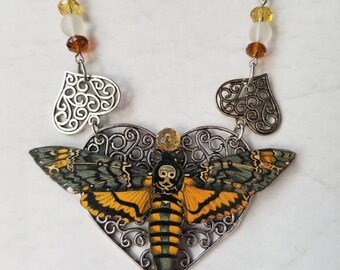 Deaths Head moth, Death's head moth necklace, silver-toned, Czech glass, sea glass, wood lasercut moth, Hawk moth necklace, bib necklace