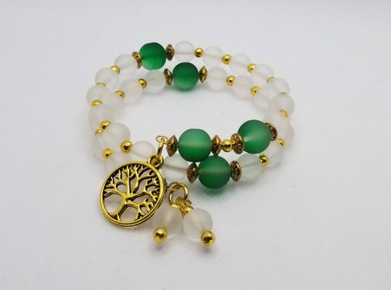 Anglican prayer bead bracelet, memory wire bracelet, beaded bracelet, wrap bracelet, green and clear glass beads, gold beads, tree of life