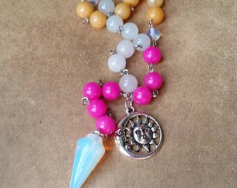 Imbolc prayer beads, pagan prayer beads, witches prayer beads, stainless steel, Malay jade, Opalite pendulum, sun and moon charm, gemstone