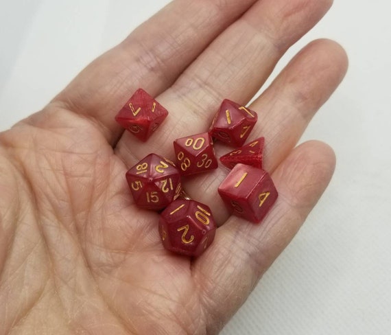 Pearly red and gold mini Dnd dice, mini polyhedral gaming dice, DnD dice set, RPG dice, D and D dice, set of 7 DnD dice, 10mm dice
