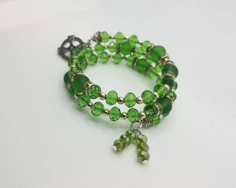 Lutheran rosary bracelet, Lutheran prayer bracelet, memory wire bracelet, wrap bracelet, green crystal, frosted glass, green rhinestones