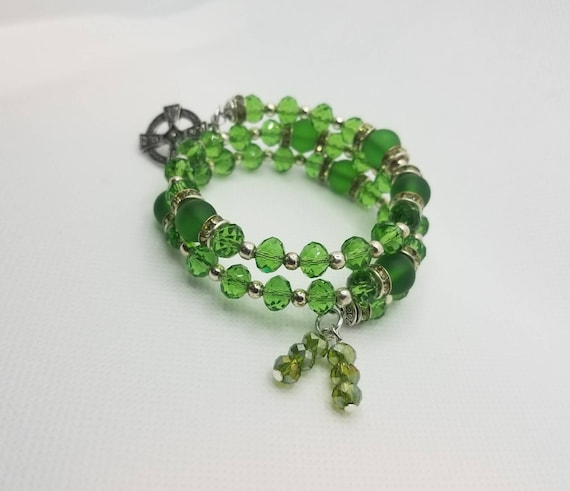 Lutheran rosary bracelet, Lutheran prayer bracelet, memory wire bracelet, wrap bracelet, green crystal, frosted glass, green rhinestones