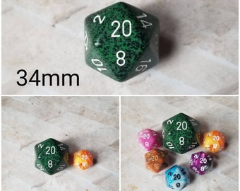 Recon 34mm Jumbo d20, green and black speckled with white numbers, giant dnd dice, 34mm d20 dice, huge dnd dice,  jumbo d20, RPG dice