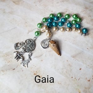 Gaia prayer beads, Goddess prayer beads, hand-wired, beautiful beads, silver-toned charms, Goddess, Greek, pagan, witch