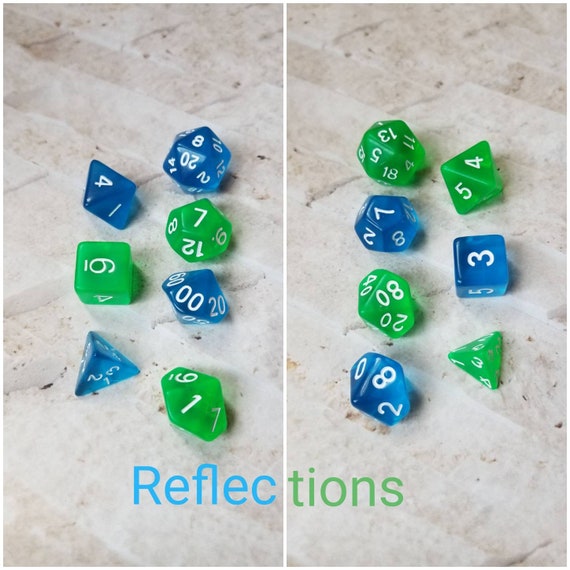 Reflections dnd dice, blue and green curated dice set, polyhedral dice, DnD dice set, gaming dice, set of 7 dice, hand picked sets, 16mm