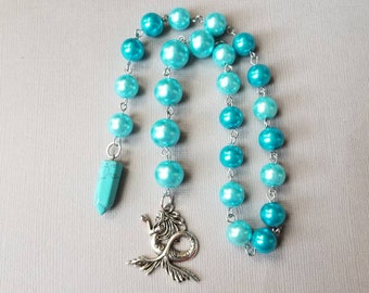 Baha'i prayer beads, 19 and 5 prayer beads, hand-wired, stainless steel pins, glass pearls, Ocean colors, Summer themed, Turquoise, mermaid
