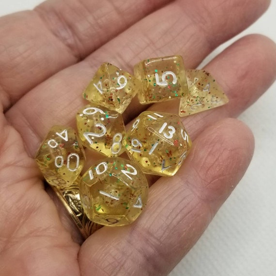 Glitter yellow and white mini Dnd dice, mini polyhedral gaming dice, DnD dice set, RPG dice, D and D dice, set of 7 DnD dice, 10mm dice