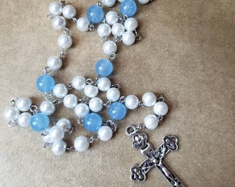Lutheran prayer beads, Lutheran rosary, stainless steel, hand-wired, white glass pearls, blue Malay Jade, budded crucifix, gift for Mother