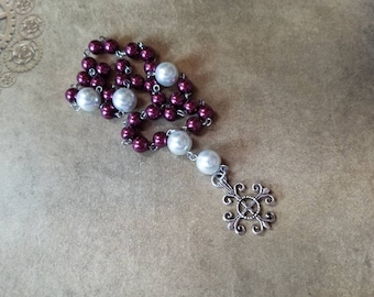Anglican Prayer beads, Episcopal, Protestant prayer beads, Methodist, wine and white  glass pearls, stainless steel, Jerusalem cross