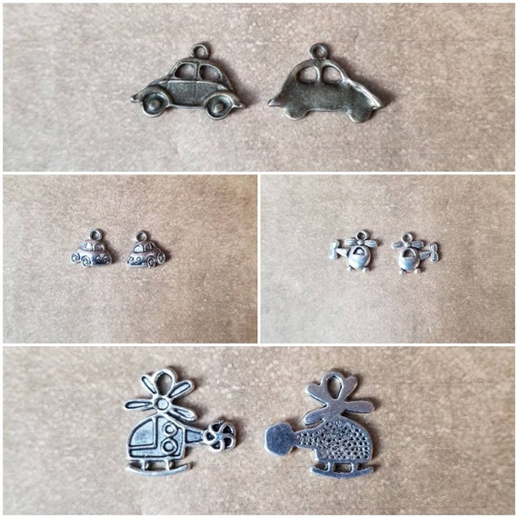 Destash charms, silver or bronze toned, helicopter or car charms, choice of four, destash helicopter charms, destash car charms,