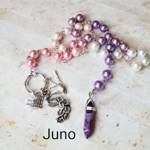 Juno prayer beads, Goddess prayer beads, hand-wired, beautiful beads, silver-toned charms, Goddess, Roman, pagan, witch