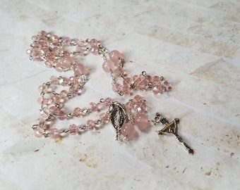 Catholic Pink Czech glass rosary, faceted Czech glass, pink Malay Jade, five decade rosary, rosary, silver Mary center, crucifix, hand-wired