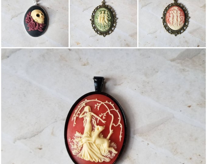 Featured listing image: Cameo pendant, cameo necklace, Goddess cameo jewelry, skull and roses cameo, Goth cameo pendant, Three Graces cameo, Diana the huntress