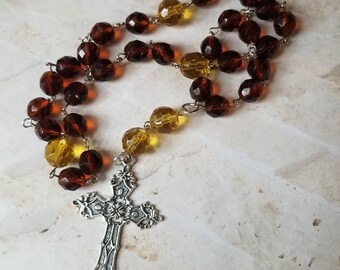 Anglican prayer beads, Episcopal, Methodist, Protestant rosary, silver toned cross, dark and light amber colored glass beads