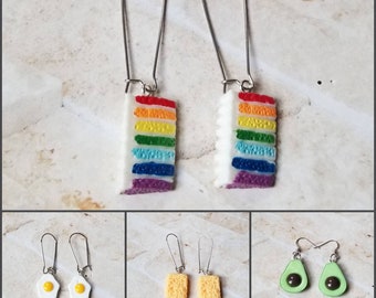 Whimsical earrings, kitschy earrings, food earrings, avocado earrings, ramen noodle earrings, fried egg earrings, rainbow cake earrings