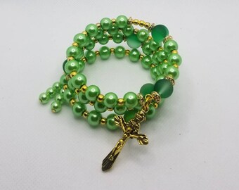 Five decade rosary bracelet, memory wire bracelet, wrap bracelet, green glass pearls, gold crucifix, religious bracelet, Catholic rosary
