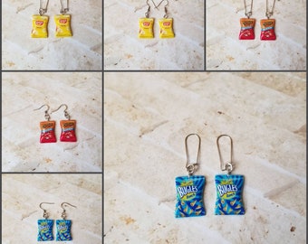 Whimsical earrings, kitschy earrings, snack earrings, movie  night earrings, crisp earrings, stainless steel wires, chip earrings, kawaii